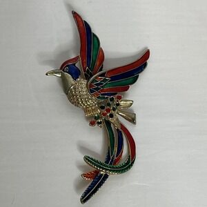 Vintage Novelty Bird Of Paradise Red, Blue & Green Enameled Brooch Pin